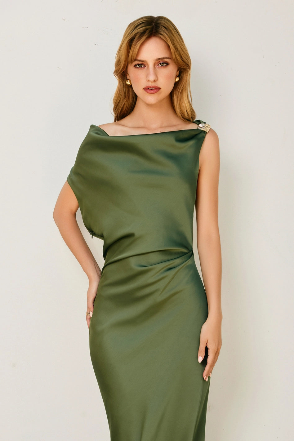 Cora - Green Satin Off-Shoulder Ruched Midi Dress