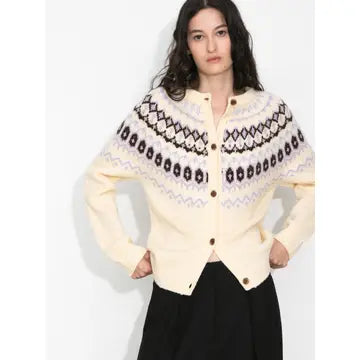 Butter Yellow Wool Fair Isle Wool Knit Cardigan