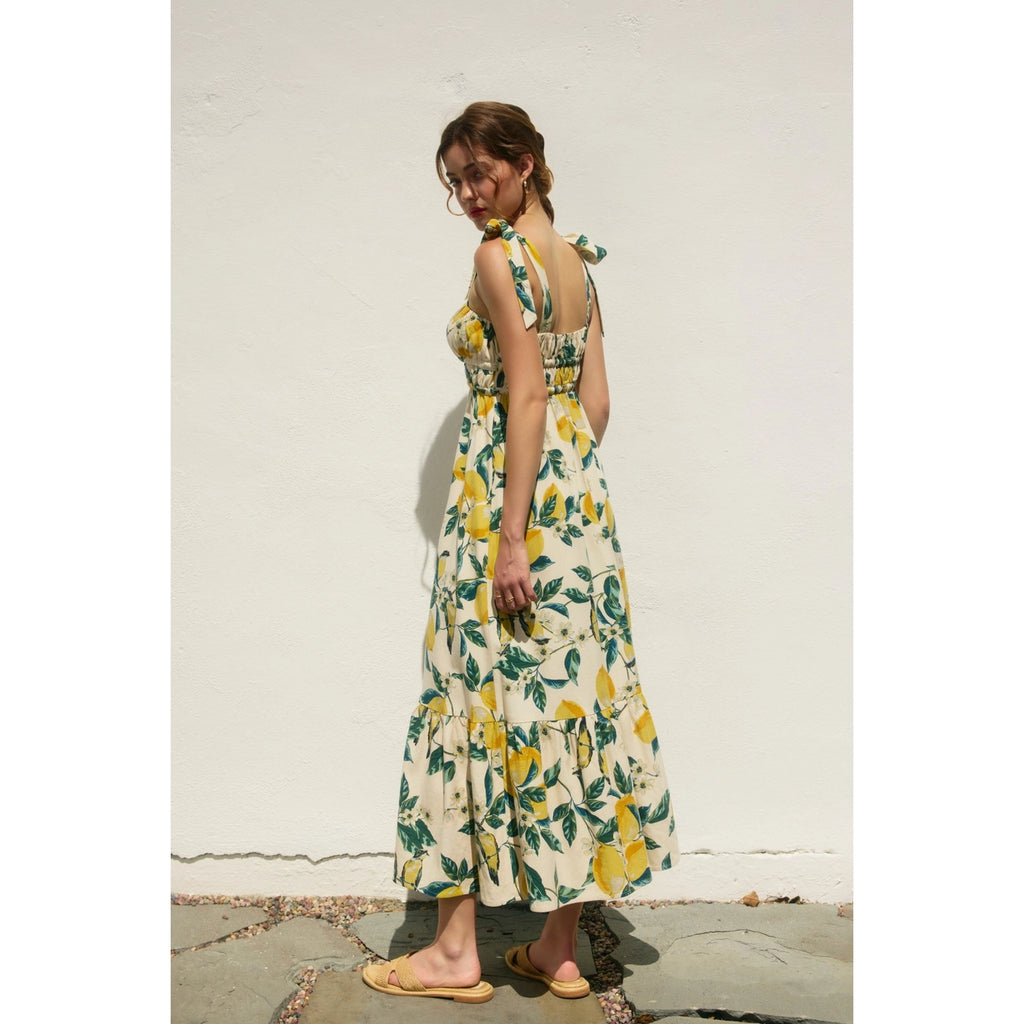 Lemon Print Ribbed Tie Maxi Dress