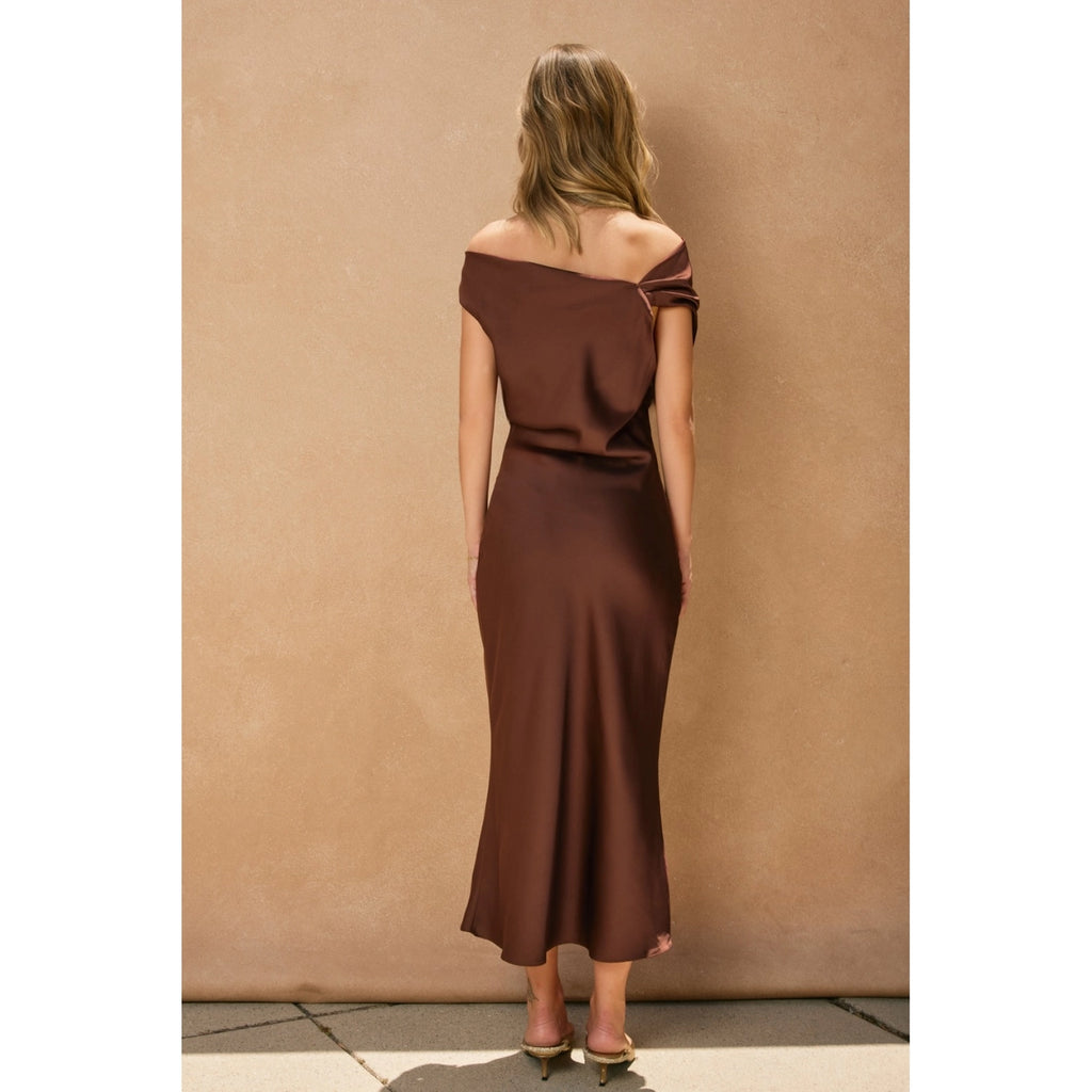 Cora - Satin Brown Off-Shoulder Ruched Midi Dress