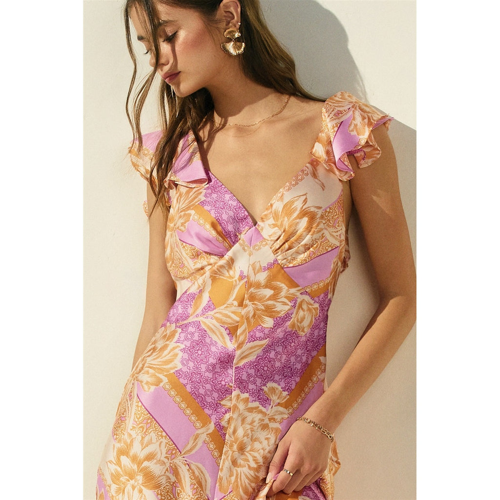 Paisley Open-Back Satin Maxi Dress