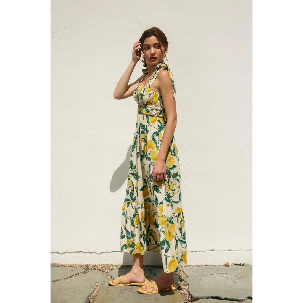 Lemon Print Ribbed Tie Maxi Dress