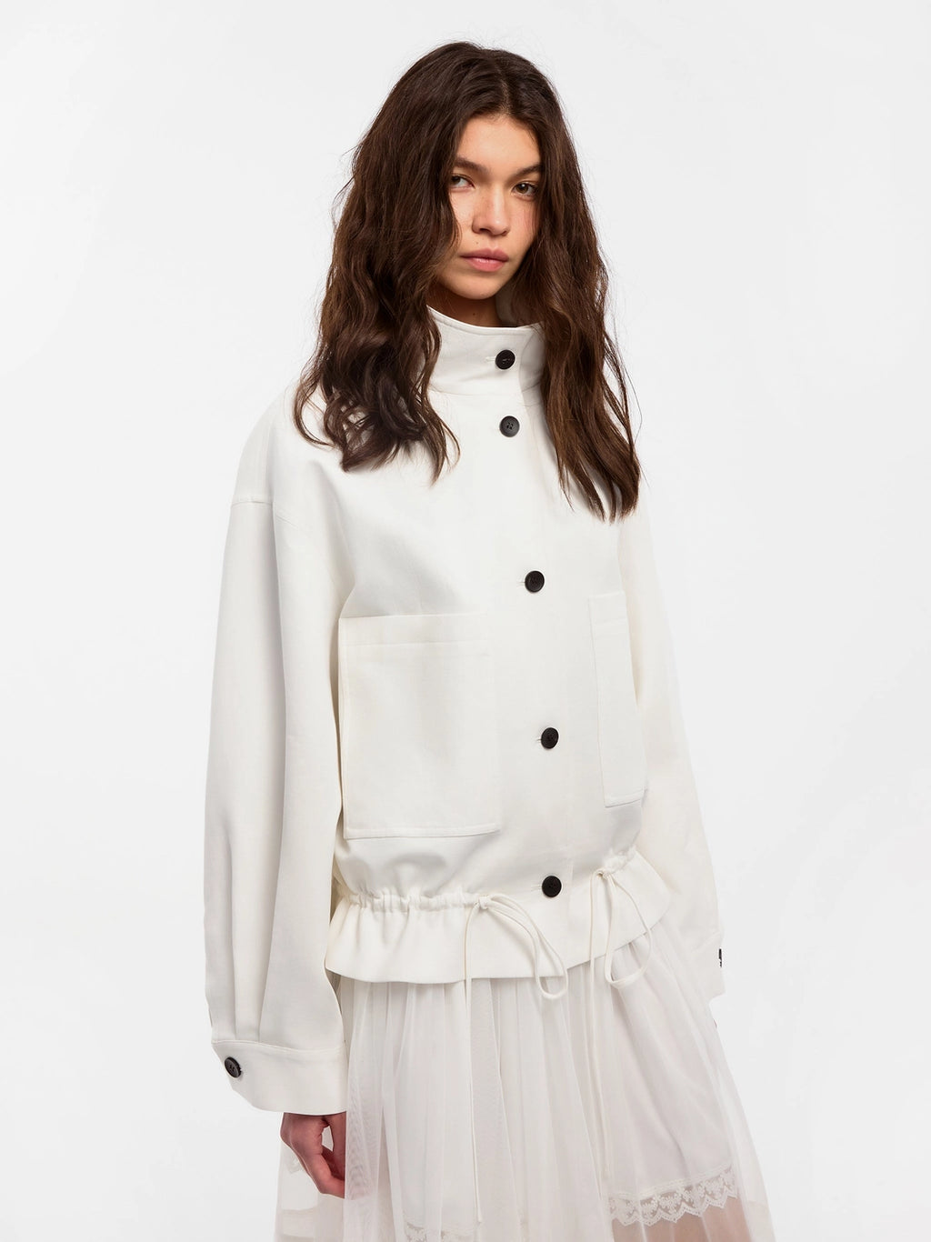 White Short Trench Coat with Drawstring Hem