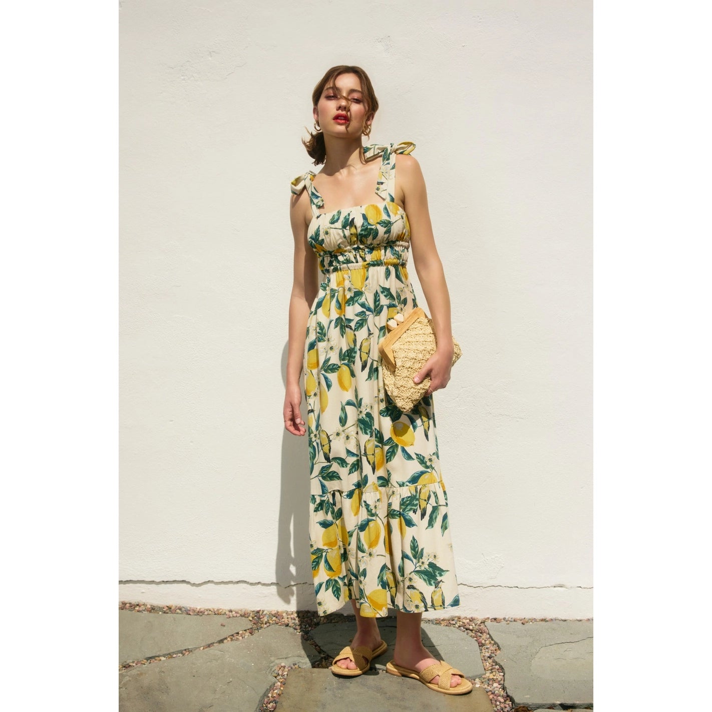 Lemon Print Ribbed Tie Maxi Dress