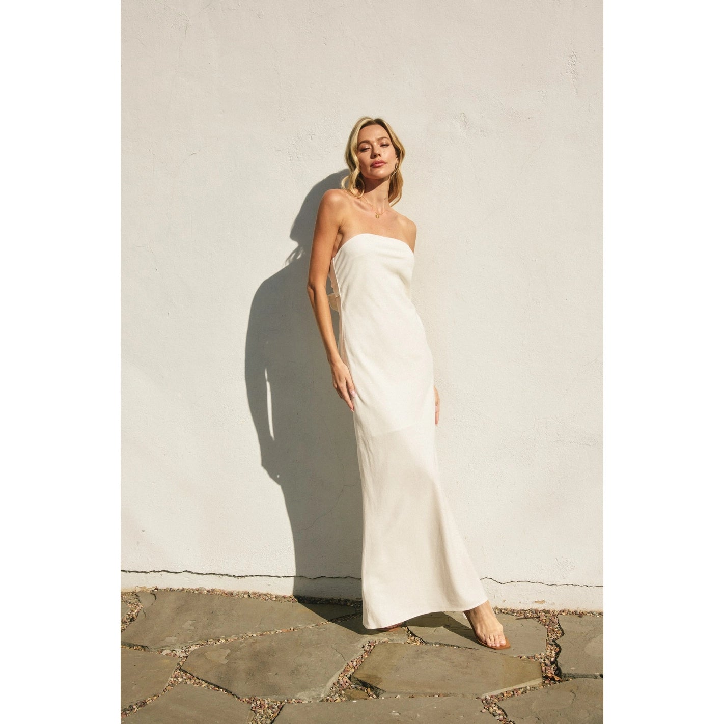 White Strapless Cotton-Linen Maxi Dress