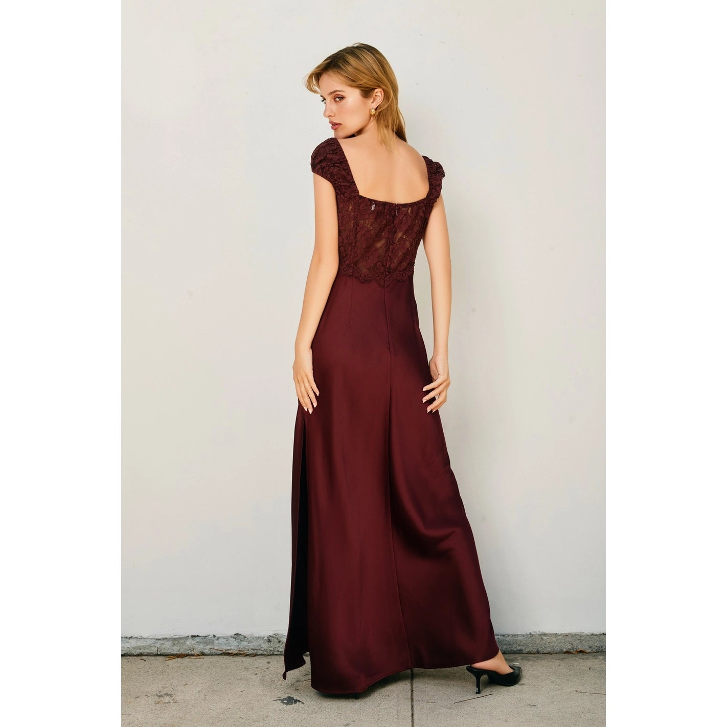 Angela - Burgundy Lace Maxi Dress