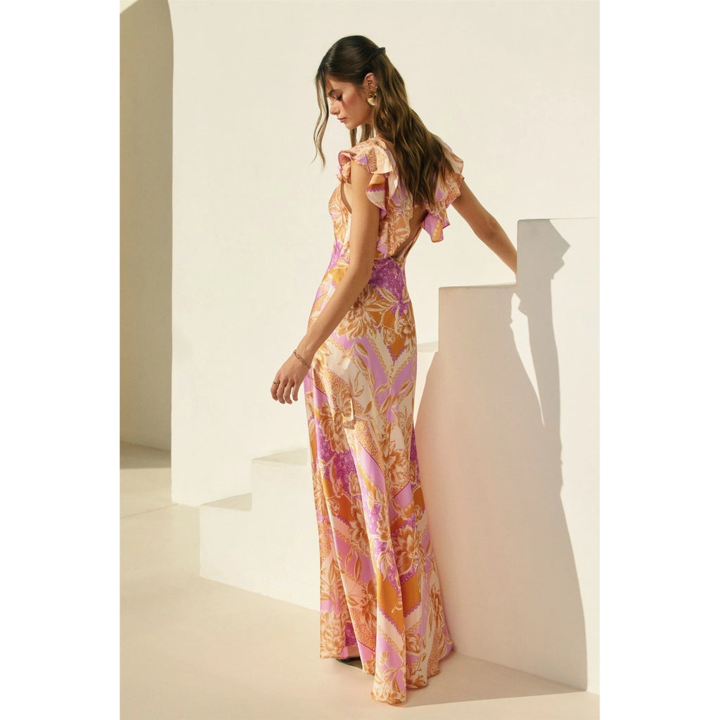 Paisley Open-Back Satin Maxi Dress