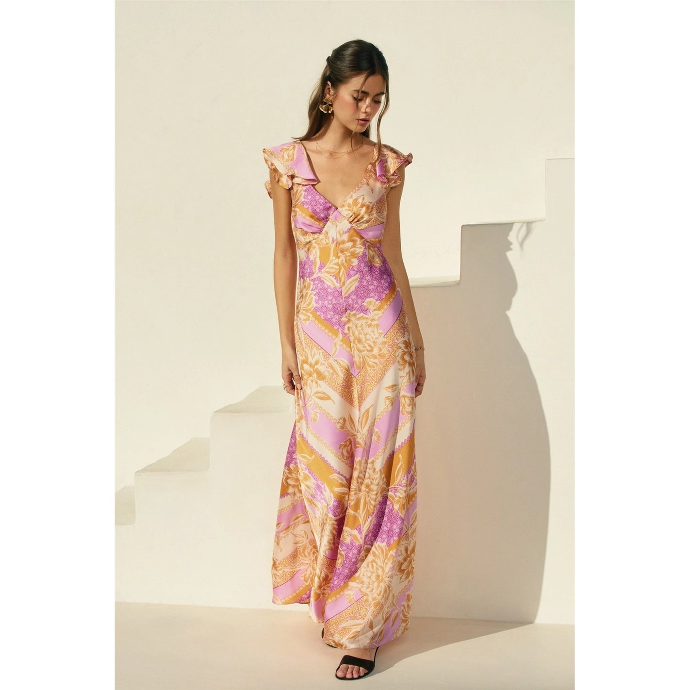 Paisley Open-Back Satin Maxi Dress