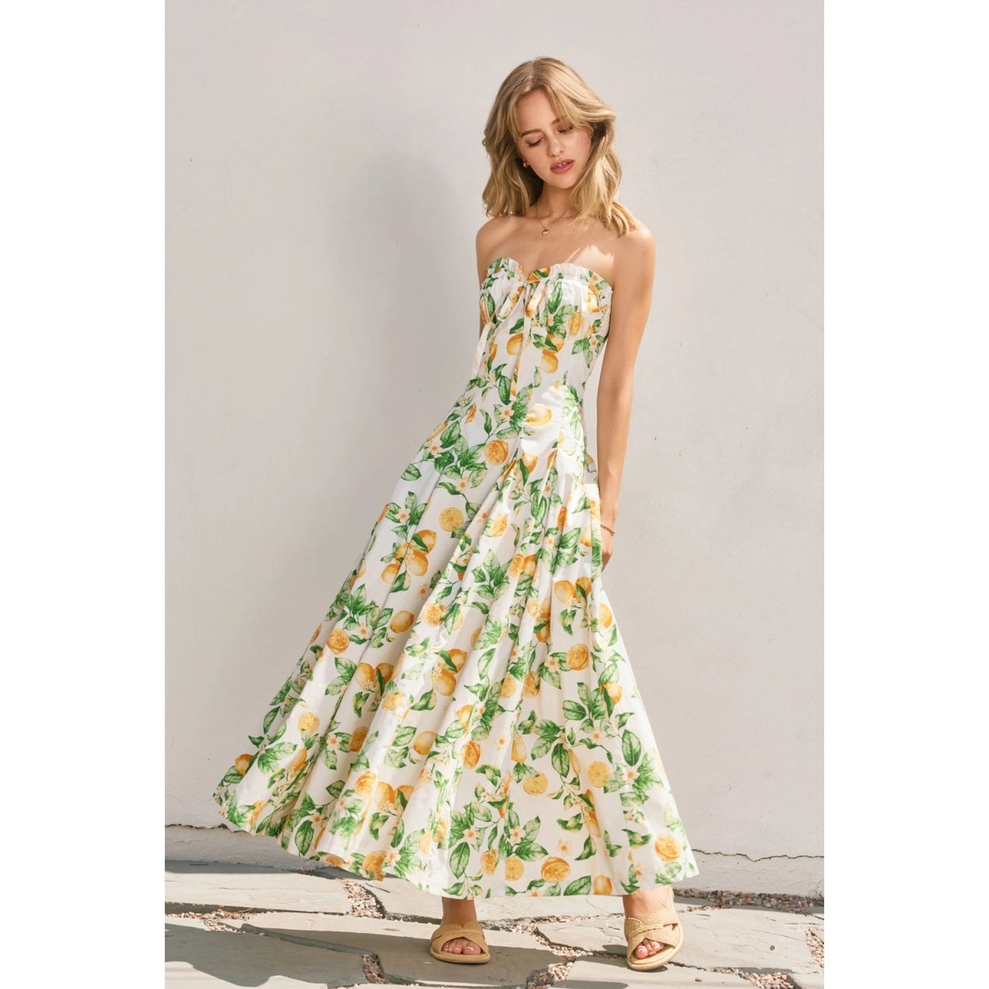 Lemon Ruffle Strapless Midi Dress
