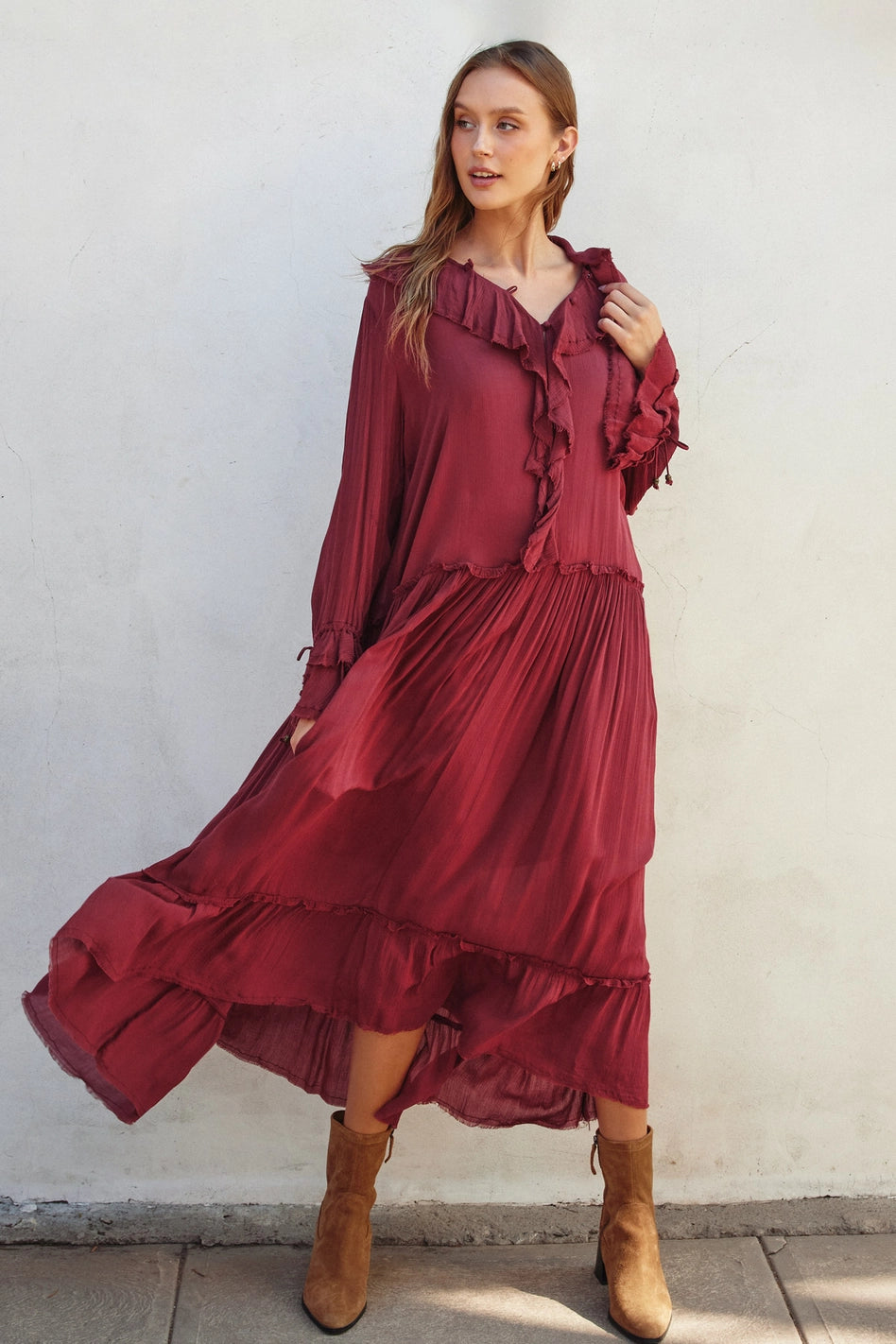 Burgundy Laidback Frill Maxi Dress