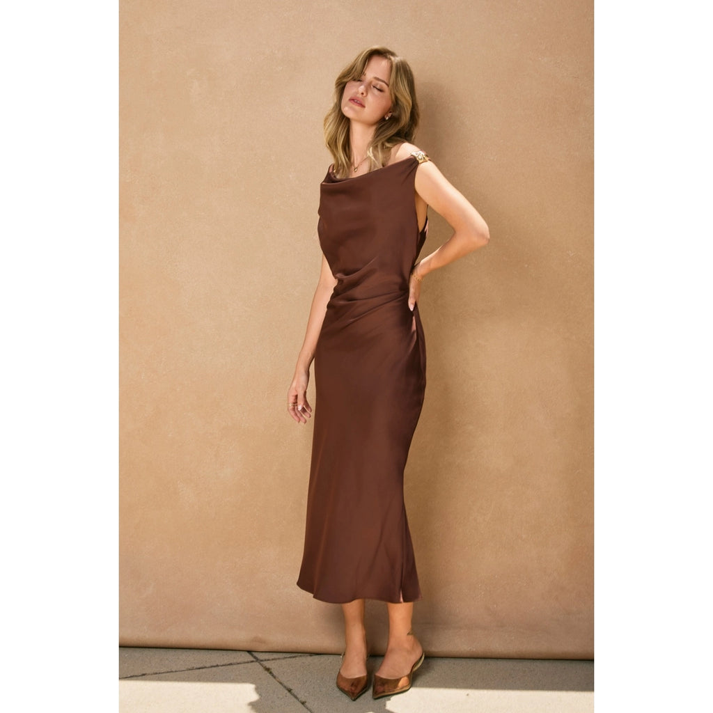 Cora - Satin Brown Off-Shoulder Ruched Midi Dress