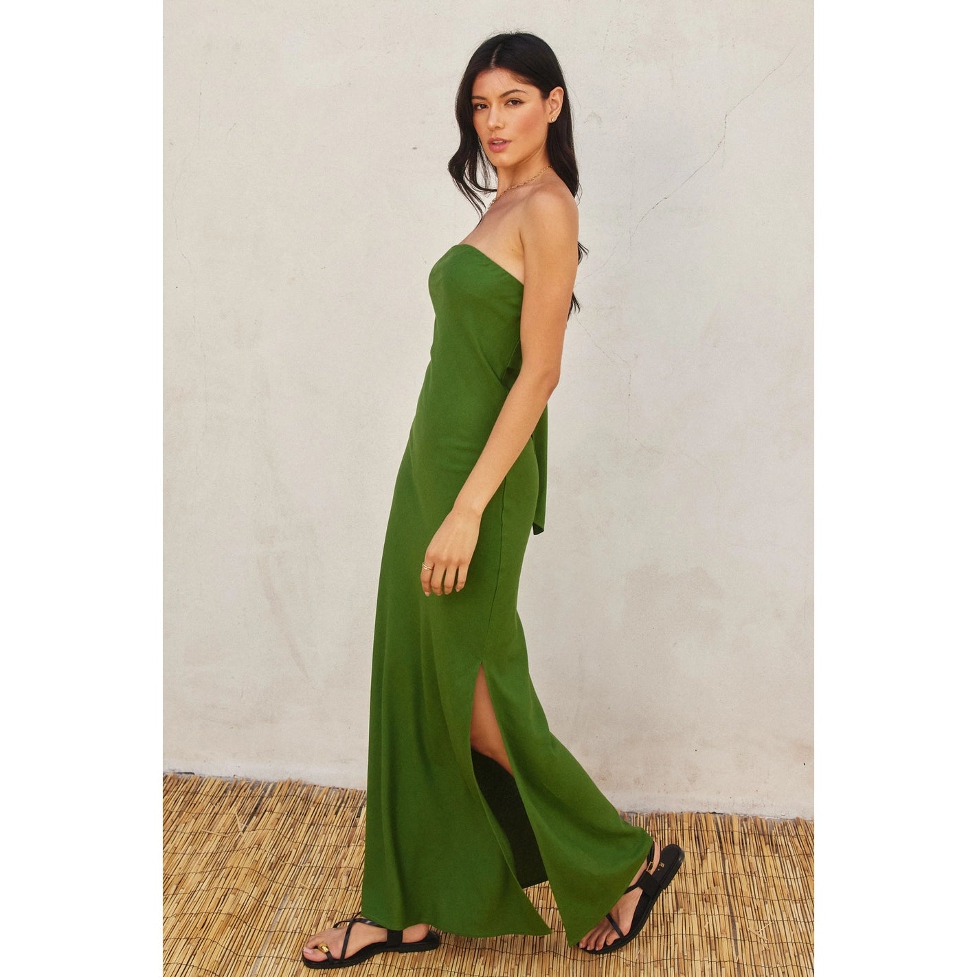 Green Strapless Cotton-Linen Maxi Dress