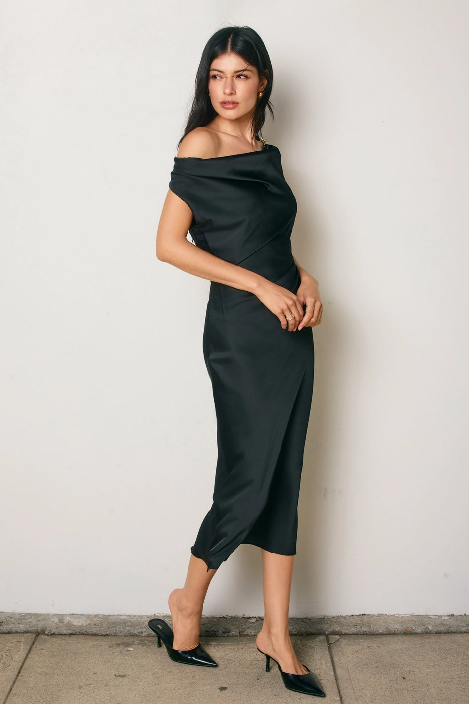 Cora - Black Satin Off-Shoulder Ruched Midi Dress