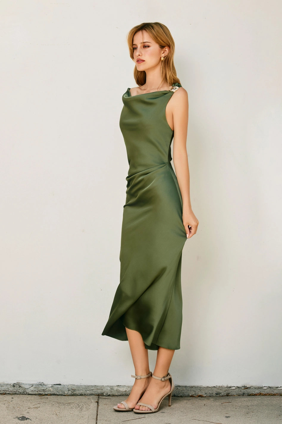 Cora - Green Satin Off-Shoulder Ruched Midi Dress