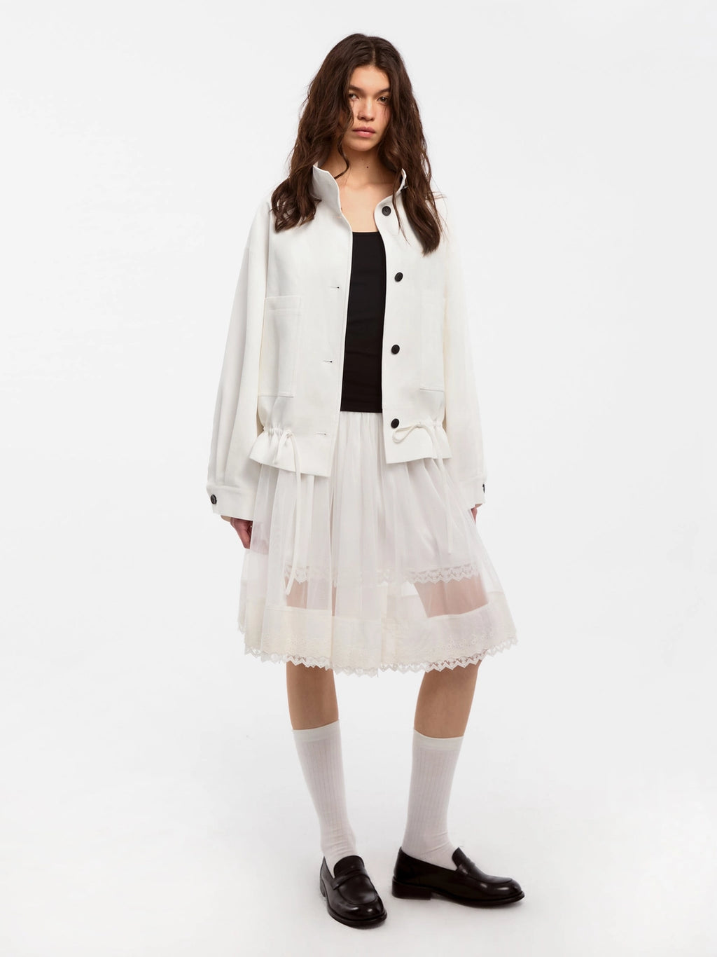 White Short Trench Coat with Drawstring Hem