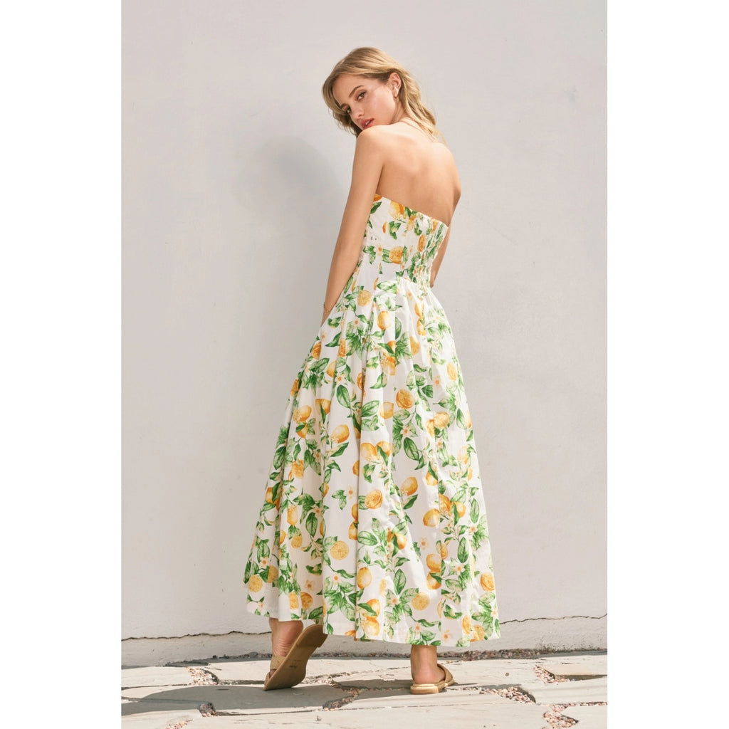 Lemon Ruffle Strapless Midi Dress