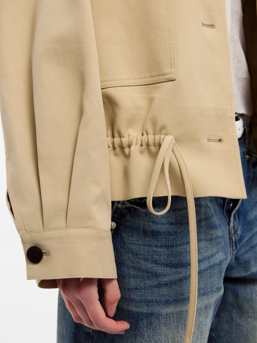 Khaki Short Trench Coat with Drawstring Hem