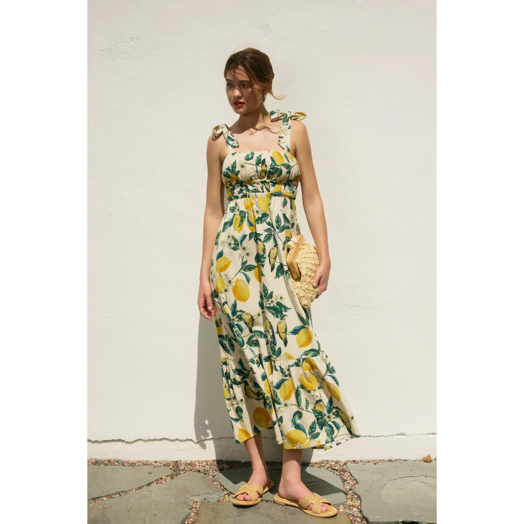 Lemon Print Ribbed Tie Maxi Dress