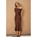 Cora - Satin Brown Off-Shoulder Ruched Midi Dress