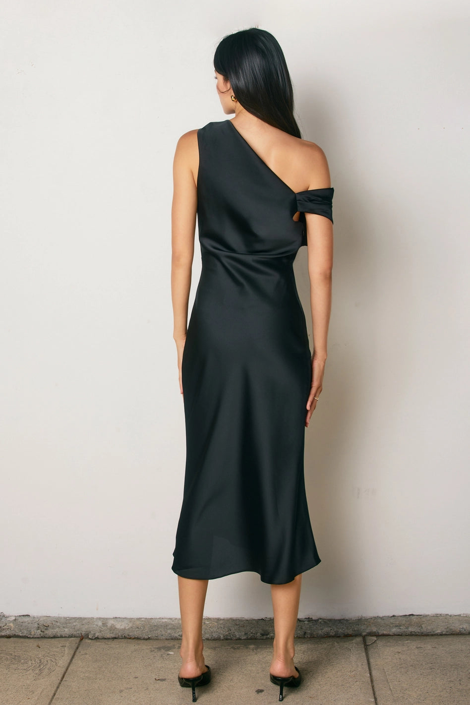 Cora - Black Satin Off-Shoulder Ruched Midi Dress