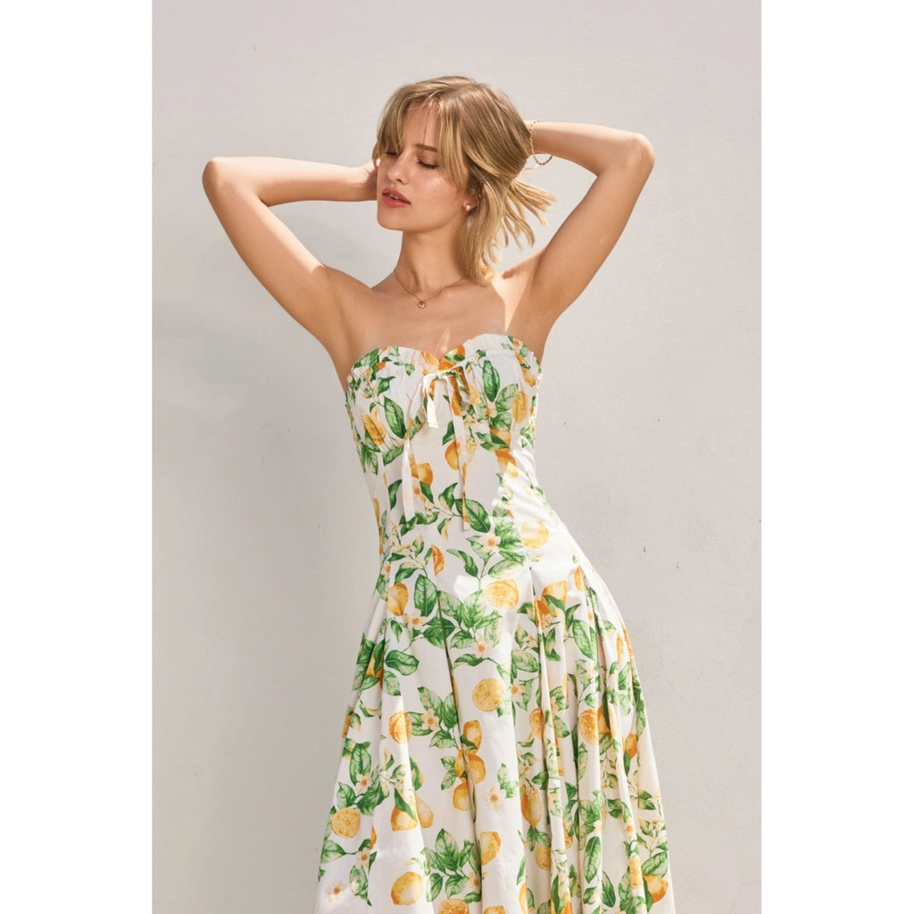 Lemon Ruffle Strapless Midi Dress