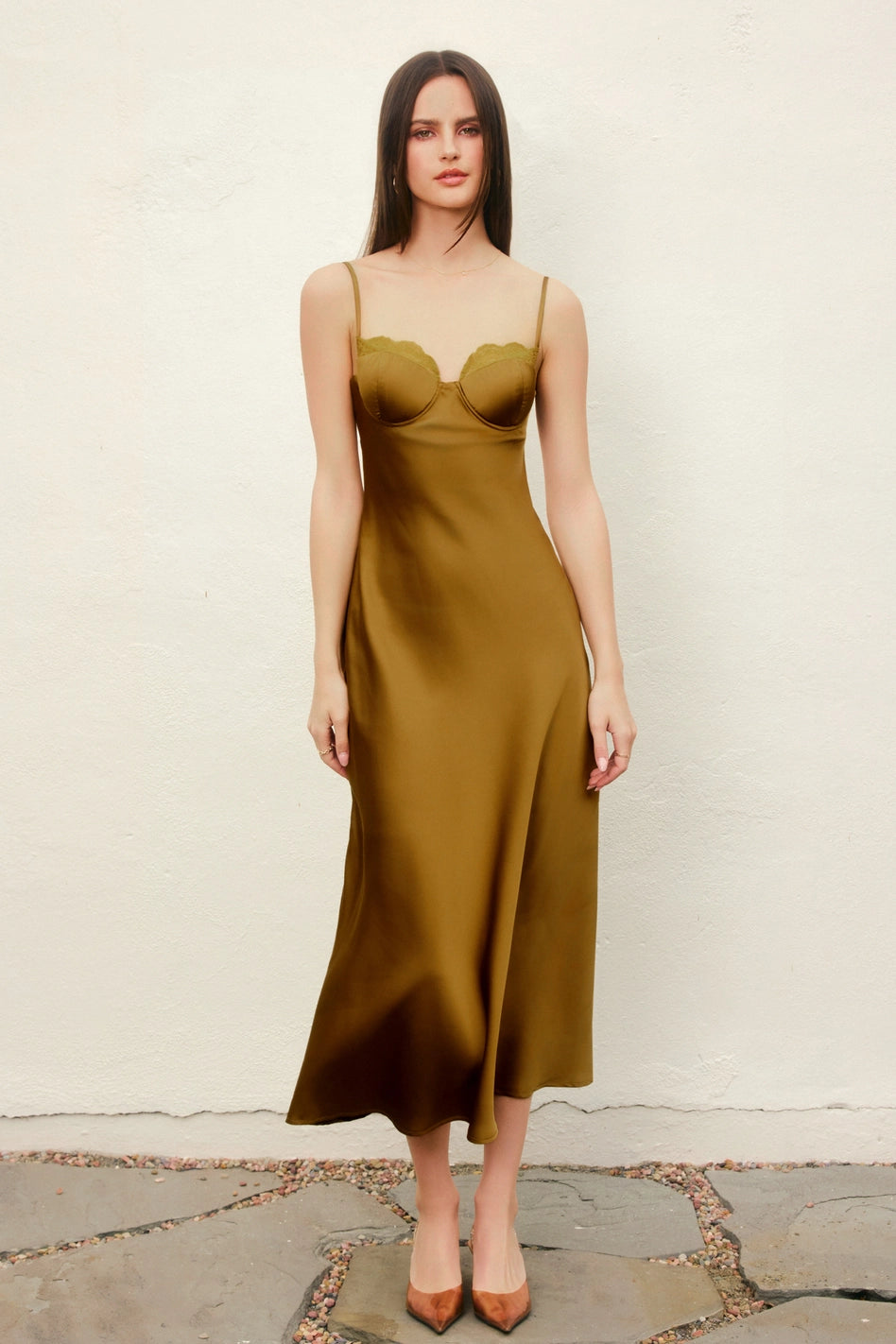 Alice - Olive Satin Lace Trim Slip Midi Dress