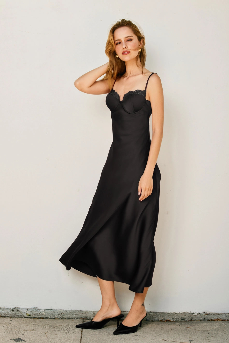 Alice - Black Satin Lace Trim Slip Midi Dress