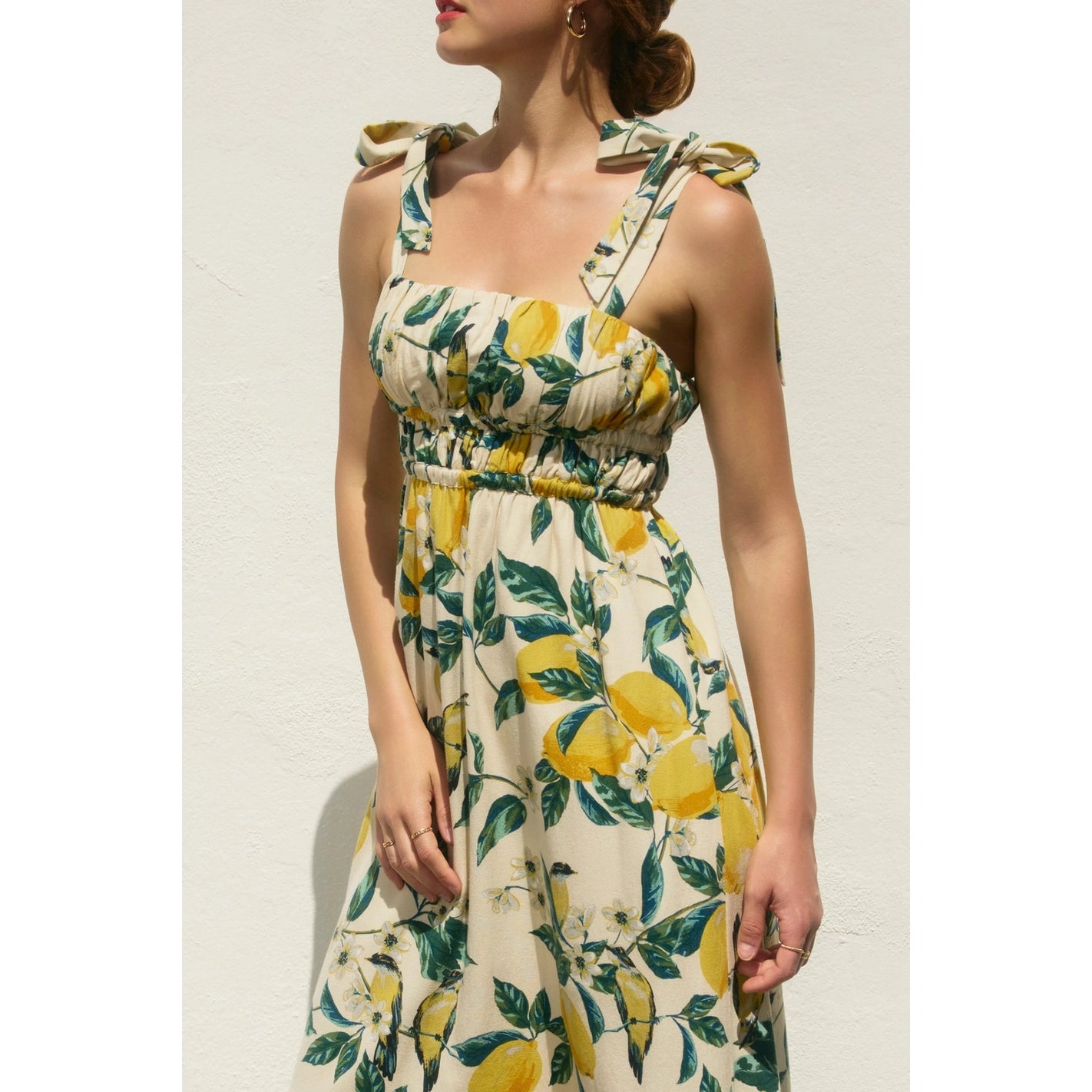 Lemon Print Ribbed Tie Maxi Dress