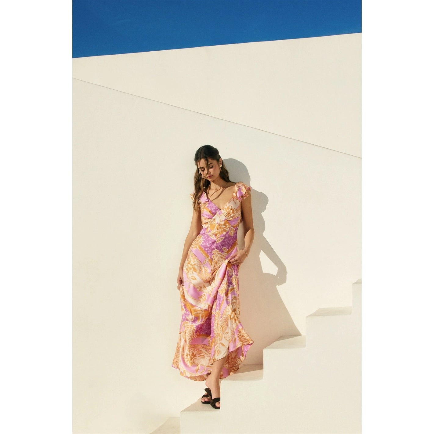 Paisley Open-Back Satin Maxi Dress